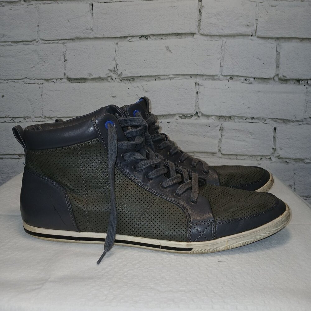 MENS ALDO HIGHT TOP LEATHER LACE UP SNEAKERS, GRAY COLOR, SIZE 12